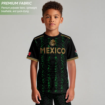 Mexico Kids Soccer Jersey Black Green Aztec Calendar Gold Youth Football Shirt