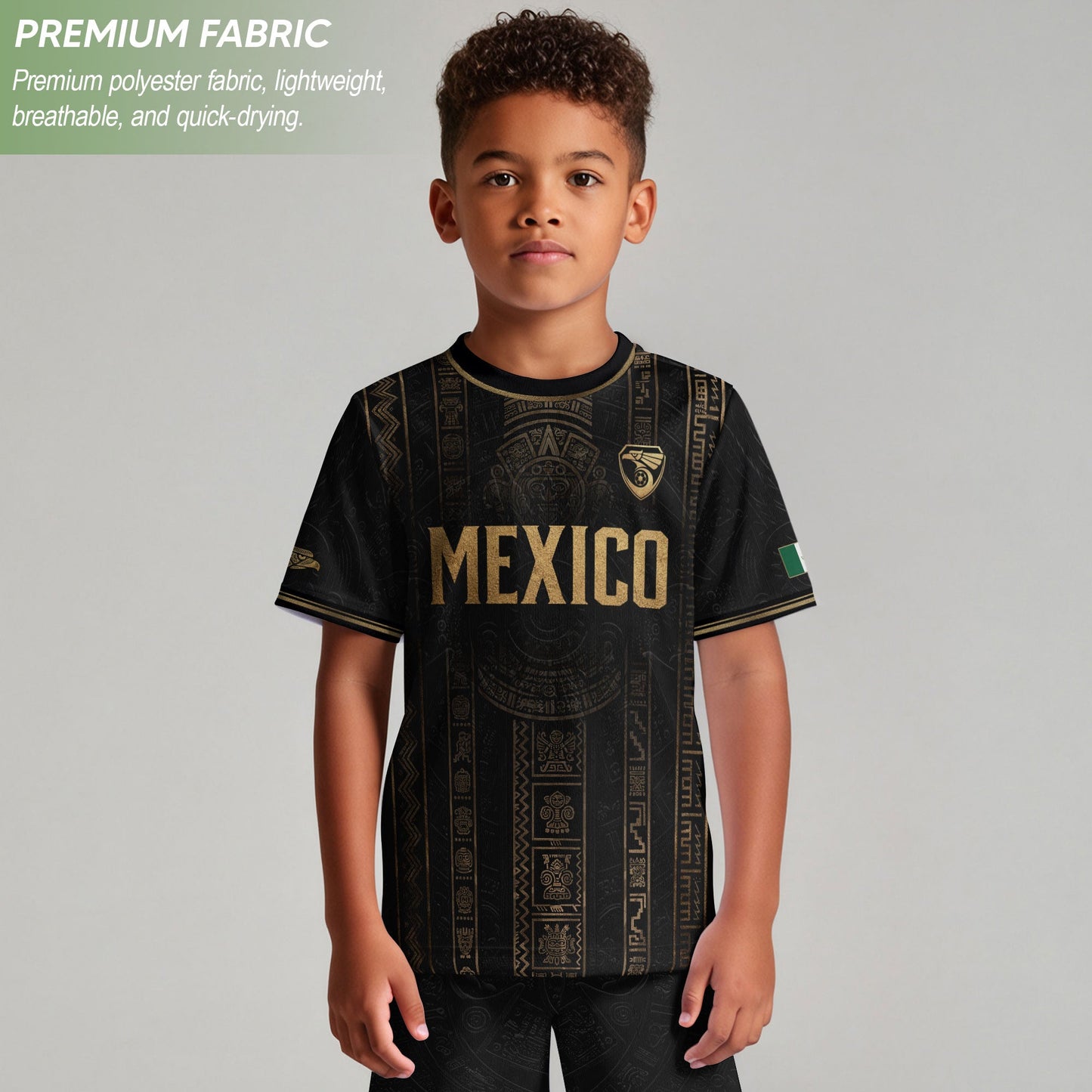 Mexico Soccer Jersey Youth Black Aztec Calendar Sun Stone Heritage Football Shirt Set