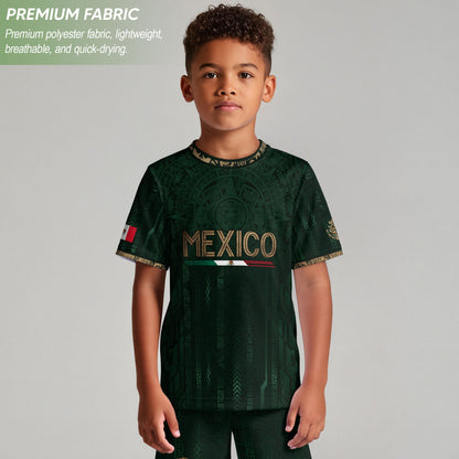 Mexico Soccer Jersey Kid Youth Aztec Calendar Green Football Shirt Tee Gift