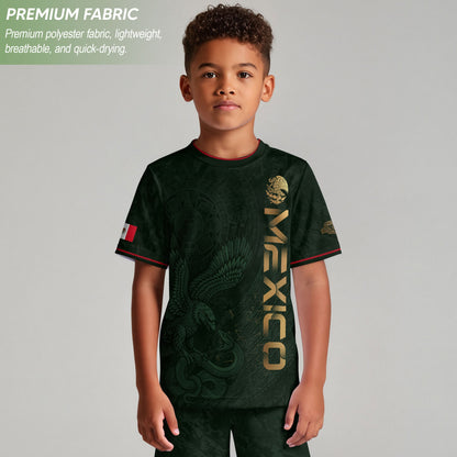 Mexico Kids Soccer Jersey Youth Green Gold Aztec Eagle Heritage Football Graphic Shirt