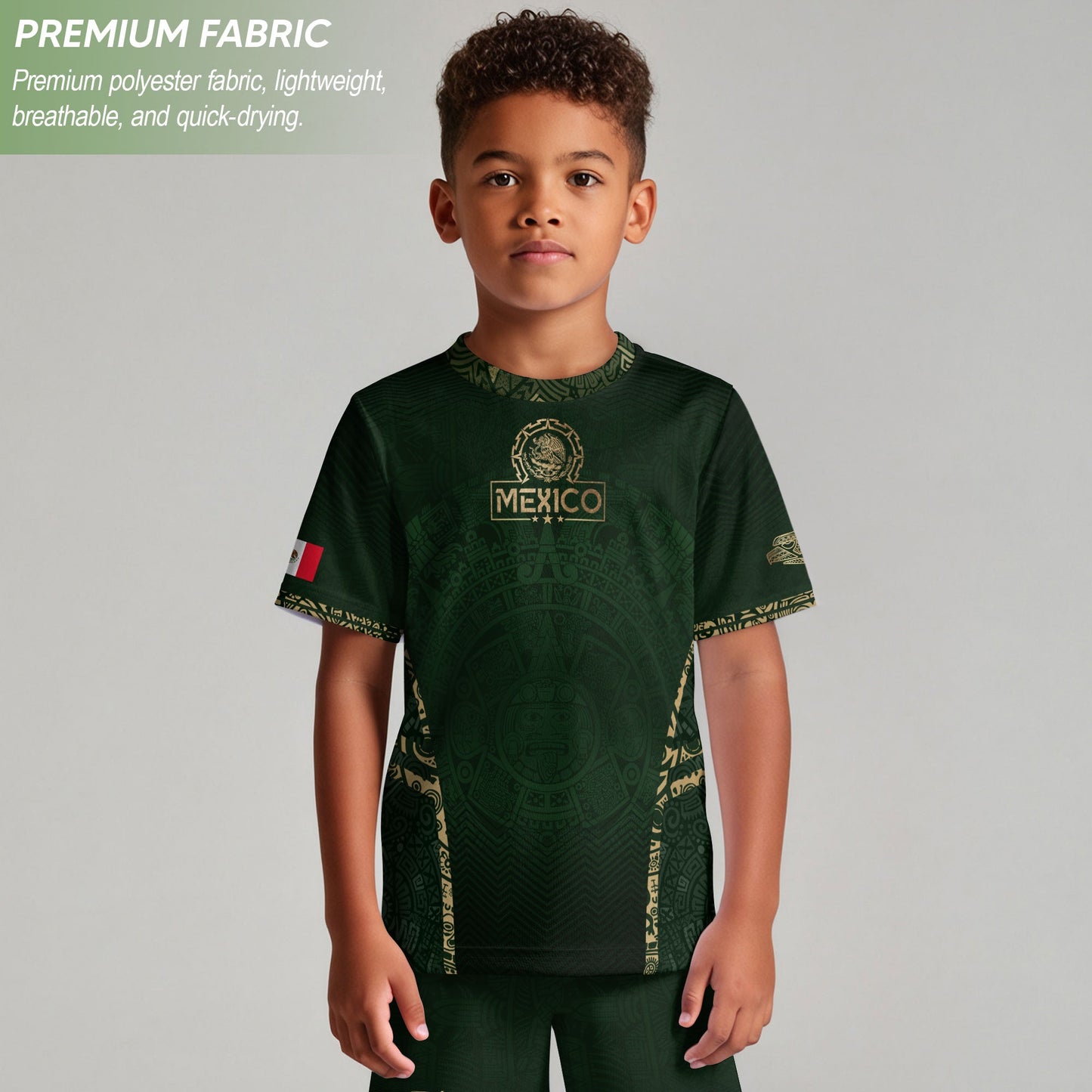 Mexico Kids Soccer Jersey Youth Green Gold Aztec Calendar Eagle Heritage Football Shirt