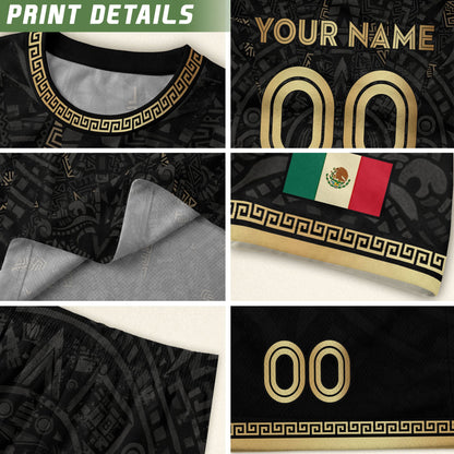 Personalized Mexico Soccer Jersey Black Aztec Calendar Men Mexican Football Shirt Flag