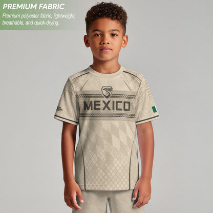 Mexico Youth Soccer Jersey Aztec Design Kids Football Uniform Breathable Sportswear Set