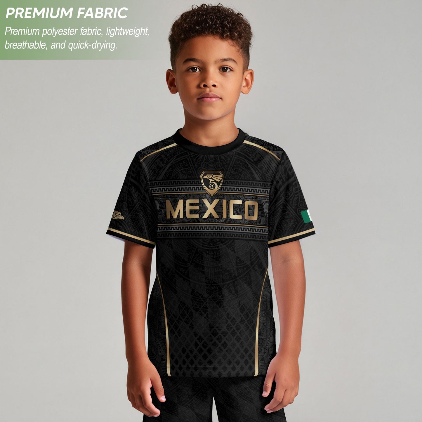 Aztec Inspired Black Gold Football Shirt for Youth, Mexico Soccer Jersey Retro Style Wear