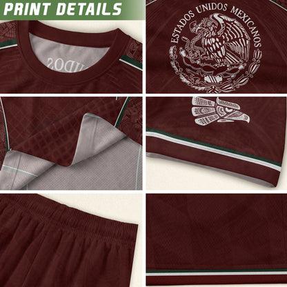 Maroon Mexico Soccer Jersey Aztec Coat of Arms Football Men Shirt Mexico Fan Tee
