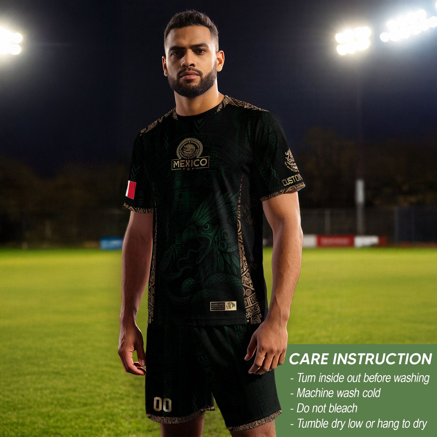 Custom Mexico Green Gold Soccer Jersey with Aztec Eagle Warrior Design