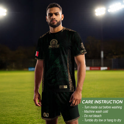 Custom Mexico Green Gold Soccer Jersey with Aztec Eagle Warrior Design