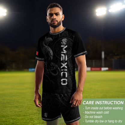 Mexico Coat of Arms Black Silver Eagle Snake Battle Aztec Calendar Heritage Soccer Jersey