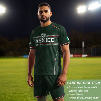Mexico Soccer Green White Aztec Pattern Football Design - Mexico Fan Heritage Style Shirt