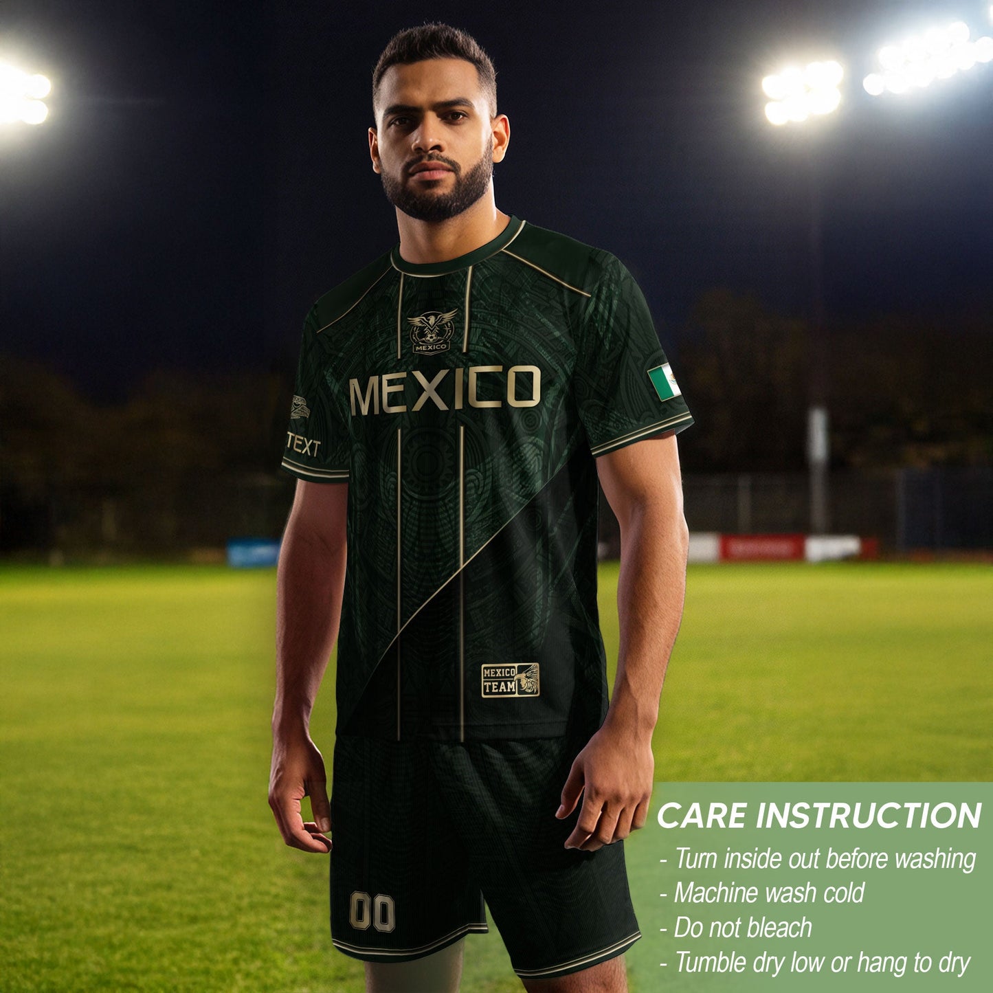 Mexico Soccer Jersey Personalized Name Number Green Aztec Sun Stone Design Kit