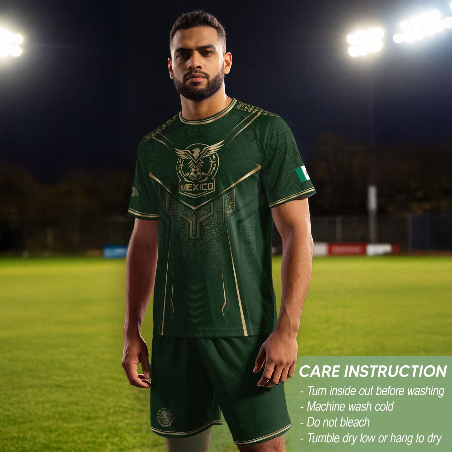 Mexico Soccer Jersey Men Aztec Warrior Green Gold Football Shirt Fan Edition Tee