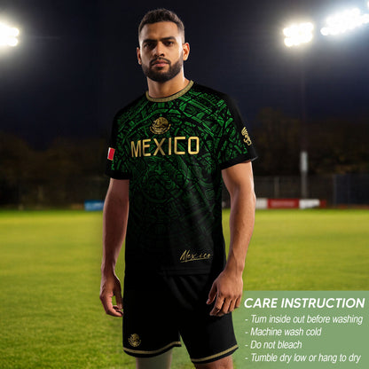 Mexico Soccer Jersey Green Black Aztec Sun Stone - Mexico Fan Heritage Style Shirt