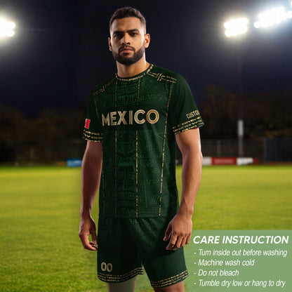 Mexico Soccer Jersey Custom Name - Green Aztec Heritage Pattern Tribal Football Shirt