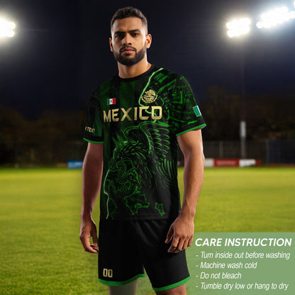 Custom Mexico Soccer Jersey – Black Green Aztec Serpent Lightning Football Shirt