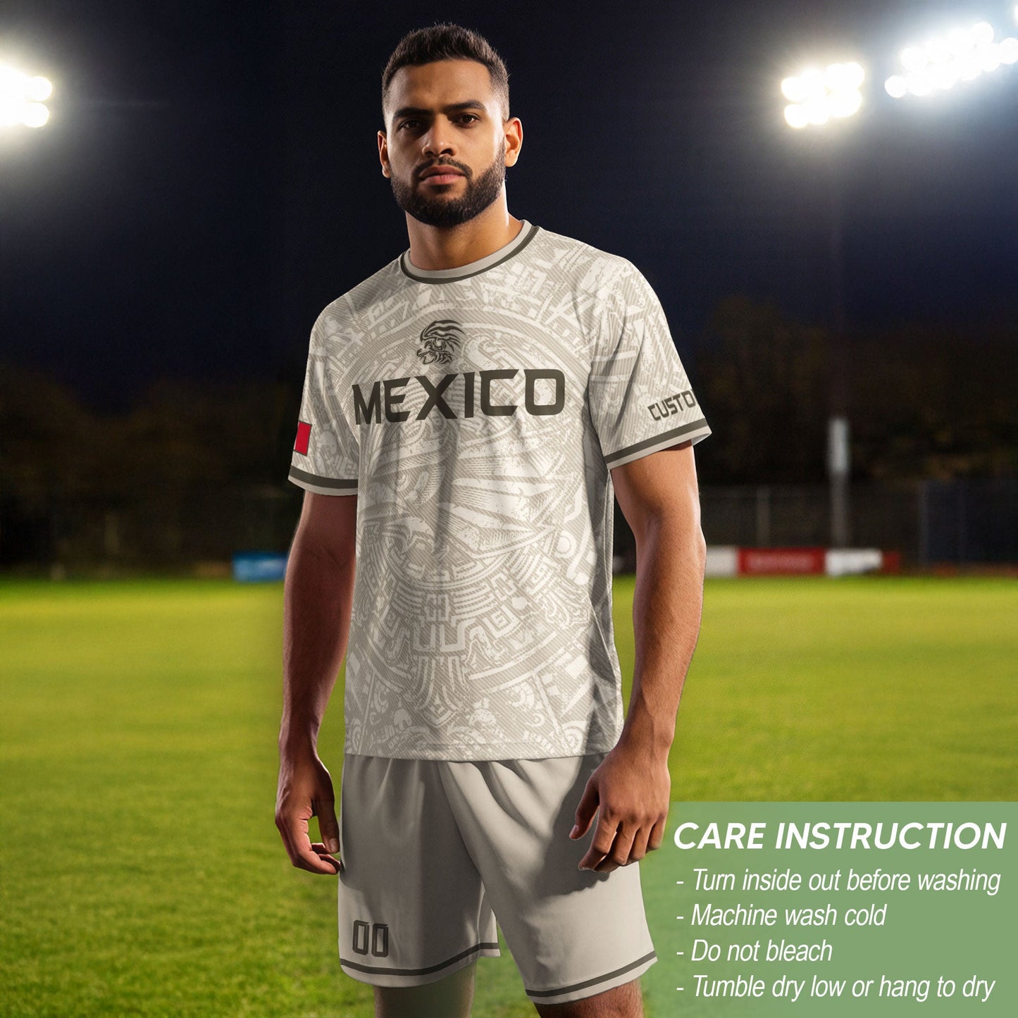 Custom Mexico Soccer Jersey Beige Aztec Calendar & Quetzalcoatl Heritage Fan Shirt