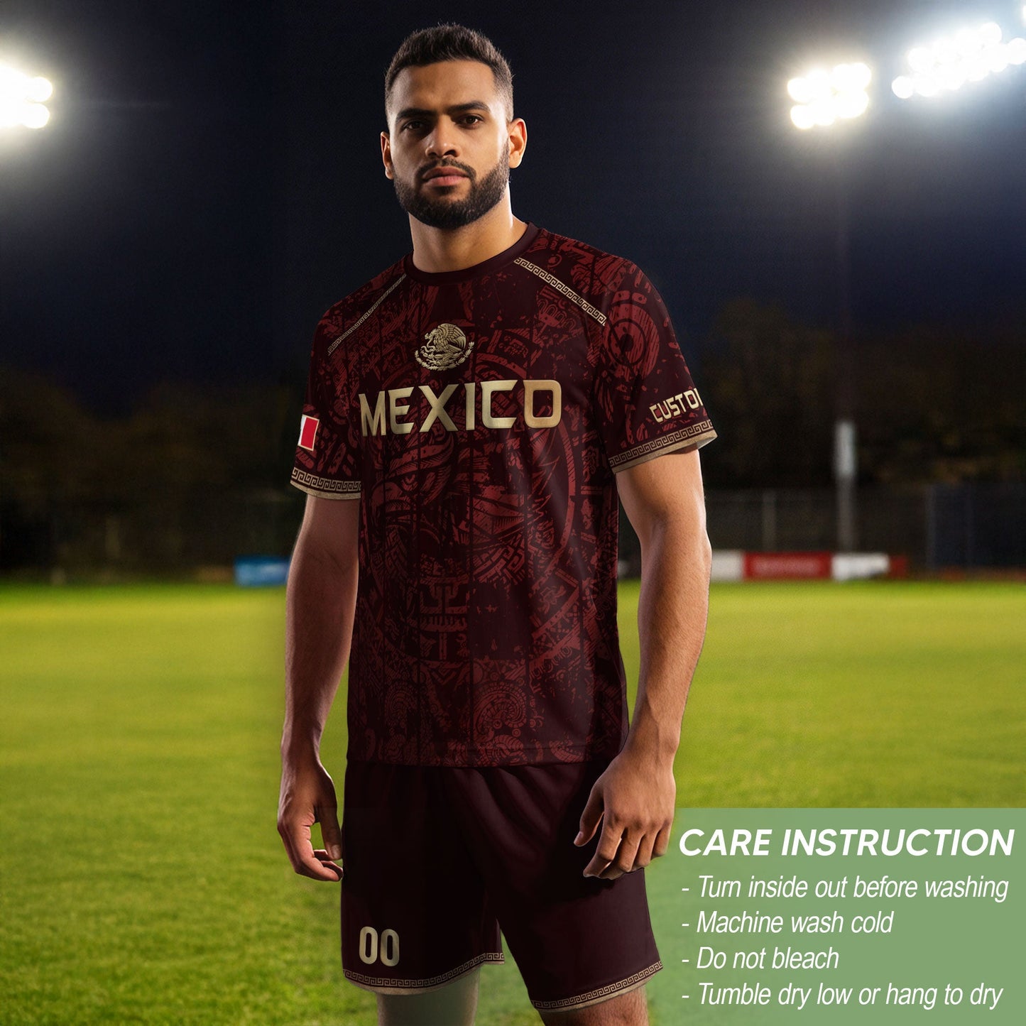 Personalized Mexico Soccer Jersey - Maroon Gold Aztec Calendar Heritage Football Shirt