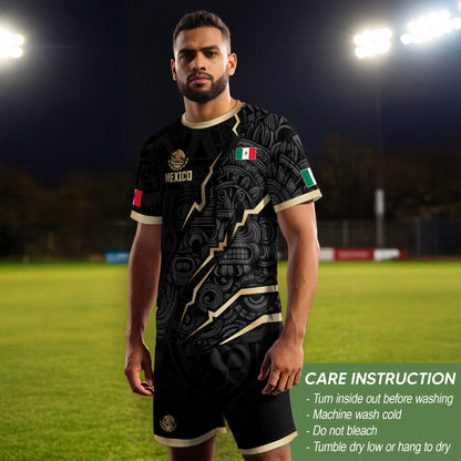 Black Mexico Soccer Jersey Aztec Calendar Design Gold Eagle Heritage Football Shirt