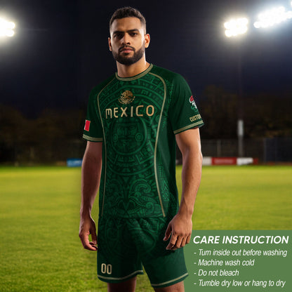 Custom Mexico Soccer Jersey Green Aztec Calendar Culture Men Mexican Football Shirt
