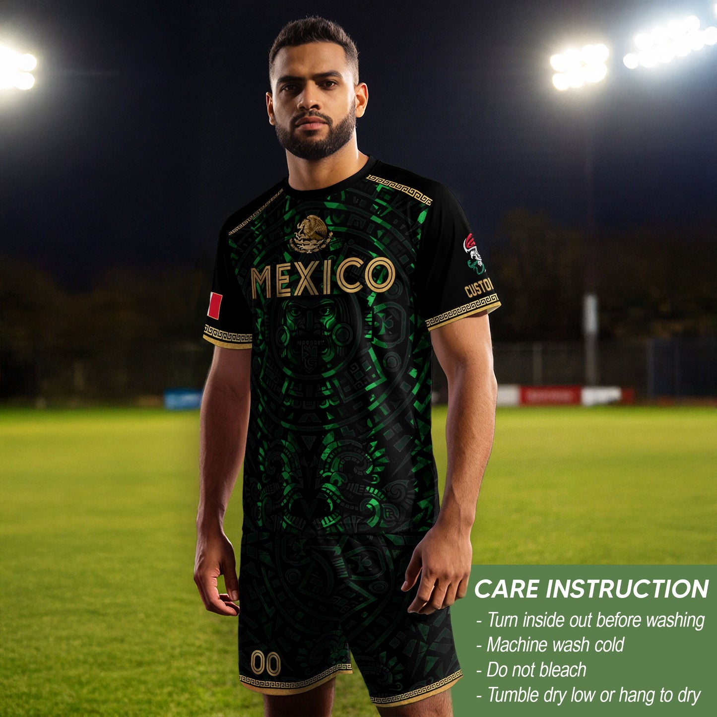 Custom Mexico Soccer Jersey Green Men Aztec Calendar Heritage Mexican Football Shirt