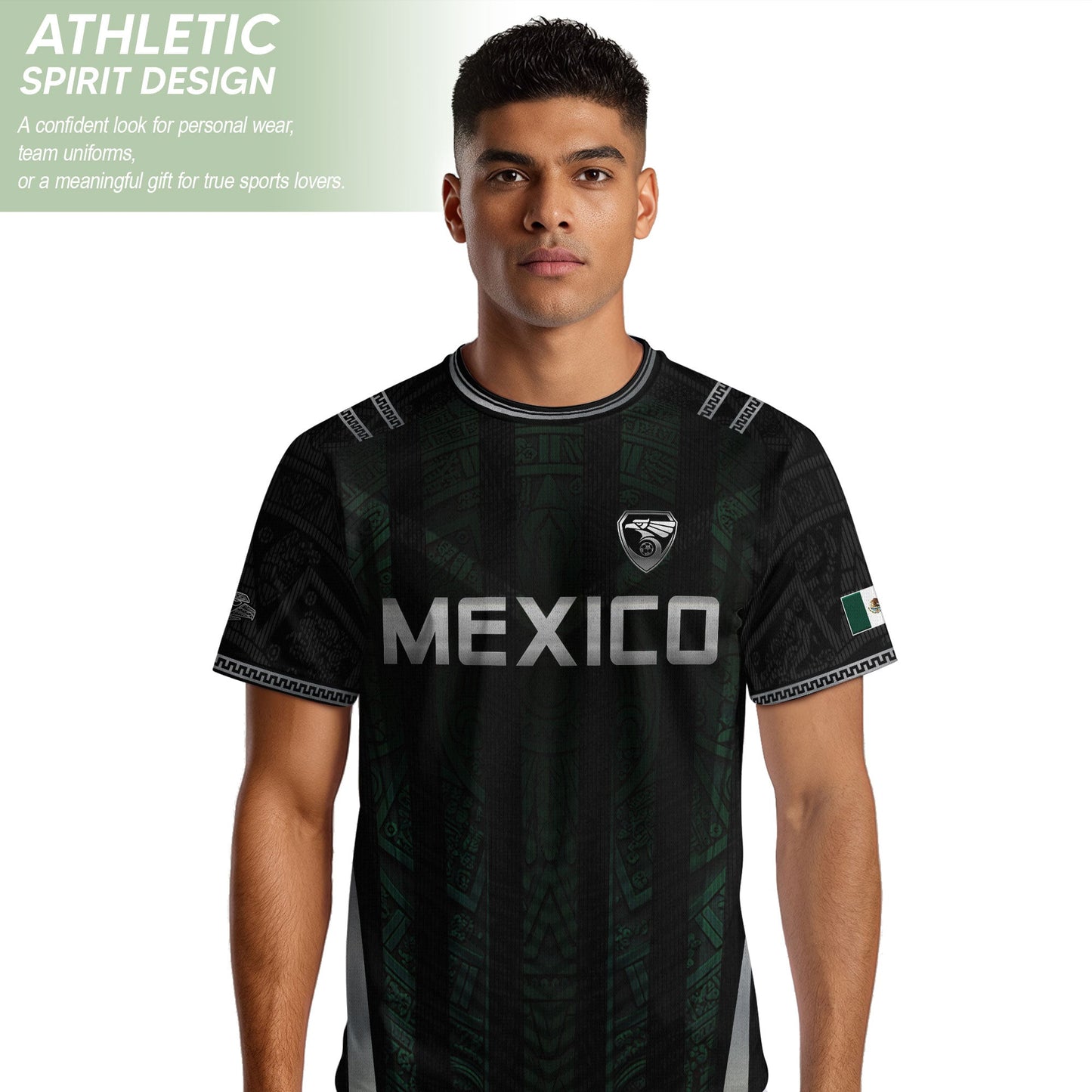 Mexico Soccer Jersey Black Eagle Crest Football Fan Men Shirt Aztec Design Tee