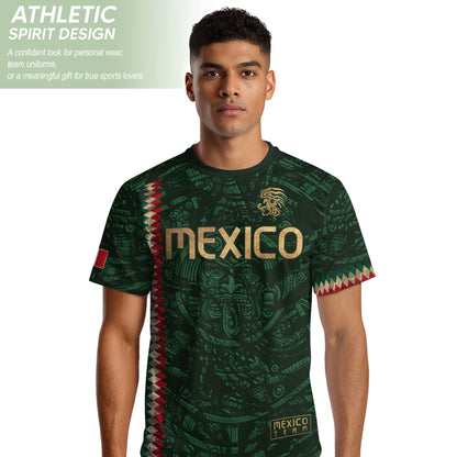 Mexico Soccer Jersey Green Gold Aztec Sun Stone - Mexico National Team Fan Heritage Shirt