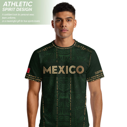 Mexico Soccer Jersey Custom Name - Green Aztec Heritage Pattern Tribal Football Shirt