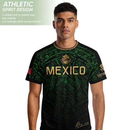 Custom Mexico Soccer Jersey – Green Aztec Calendar Pattern Black Football Shirt