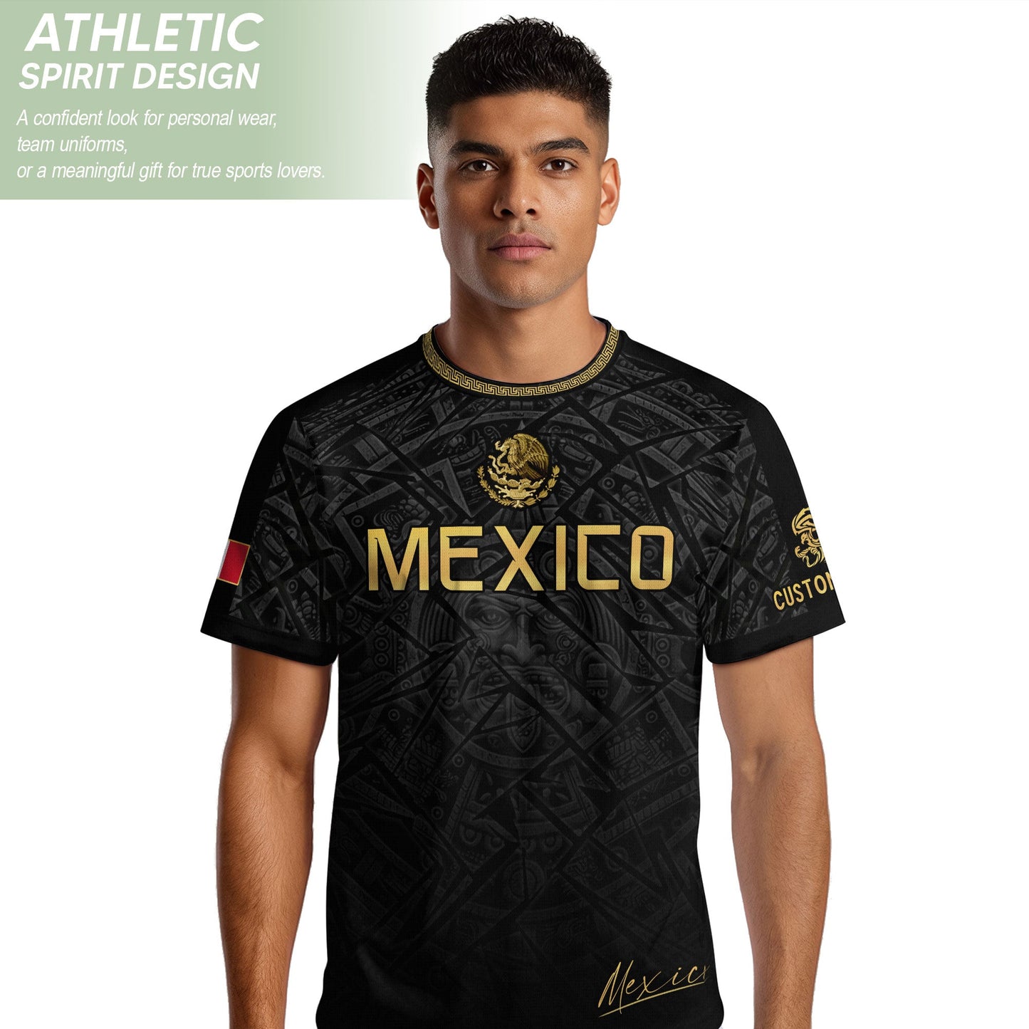 Custom Mexico Soccer Jersey – Black Aztec Heritage Pattern Personalized Football Shirt