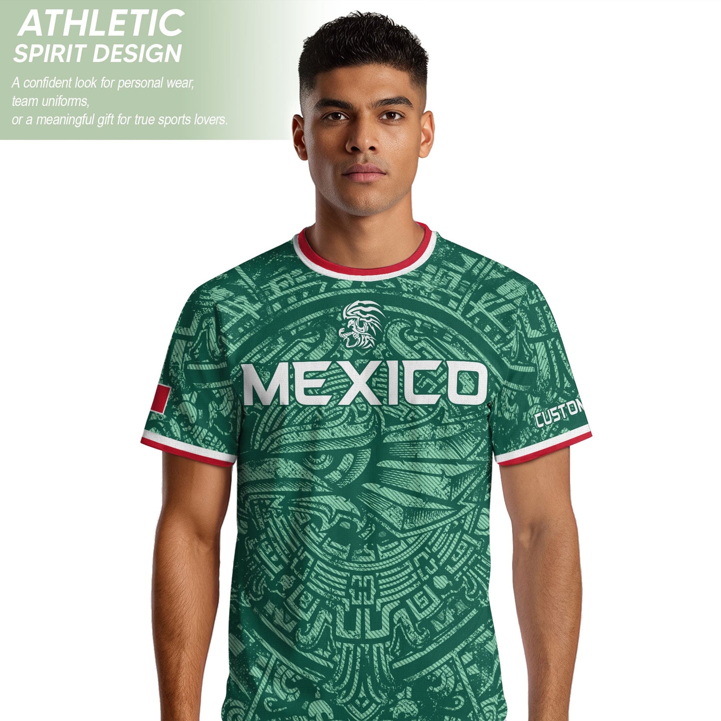 Mexico Soccer Jersey Custom Name - Green Aztec Calendar & Eagle Heritage Football Shirt