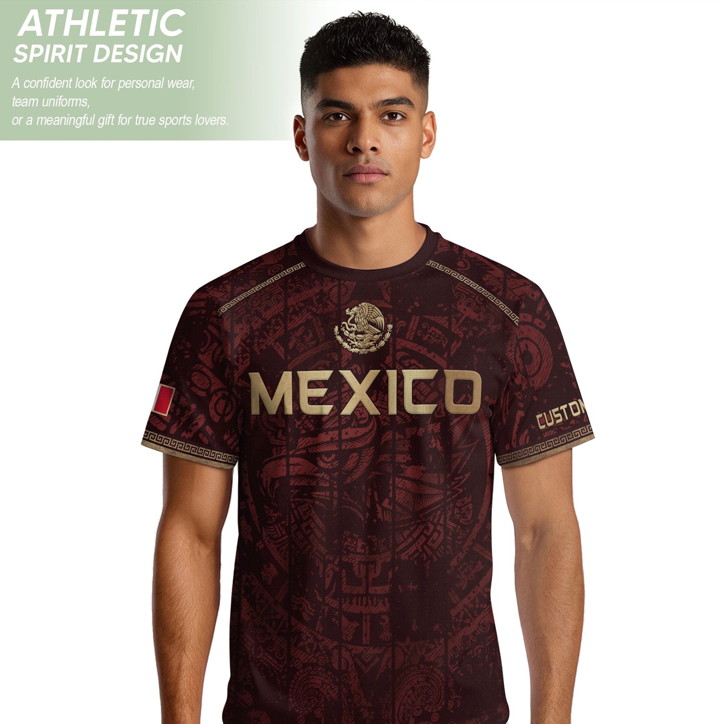 Personalized Mexico Soccer Jersey - Maroon Gold Aztec Calendar Heritage Football Shirt