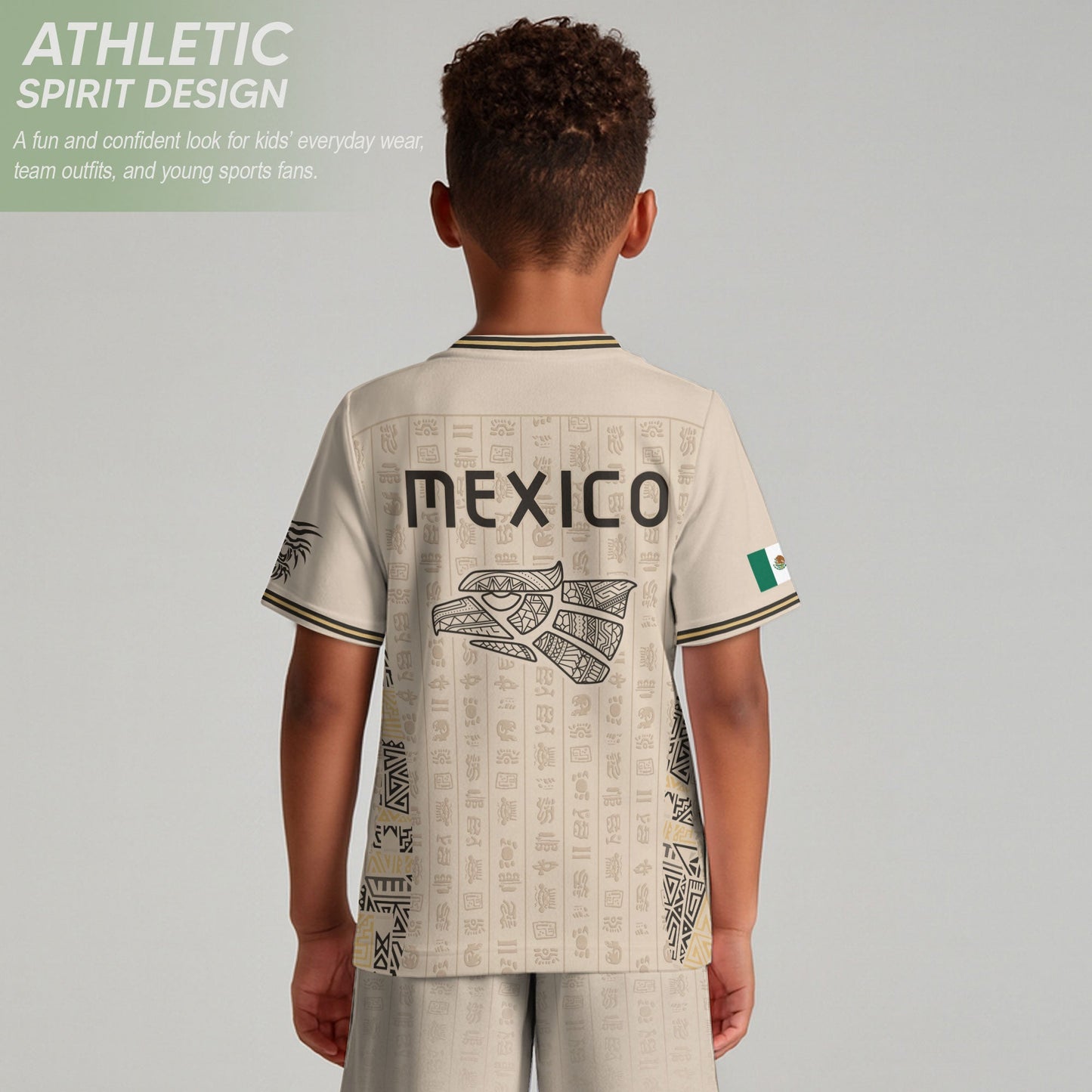 Mexico Kids Soccer Jersey Vintage Mayan Pattern Cream Toddler Sportswear Shirt