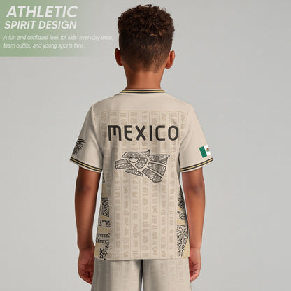 Mexico Kids Soccer Jersey Vintage Mayan Pattern Cream Toddler Sportswear Shirt