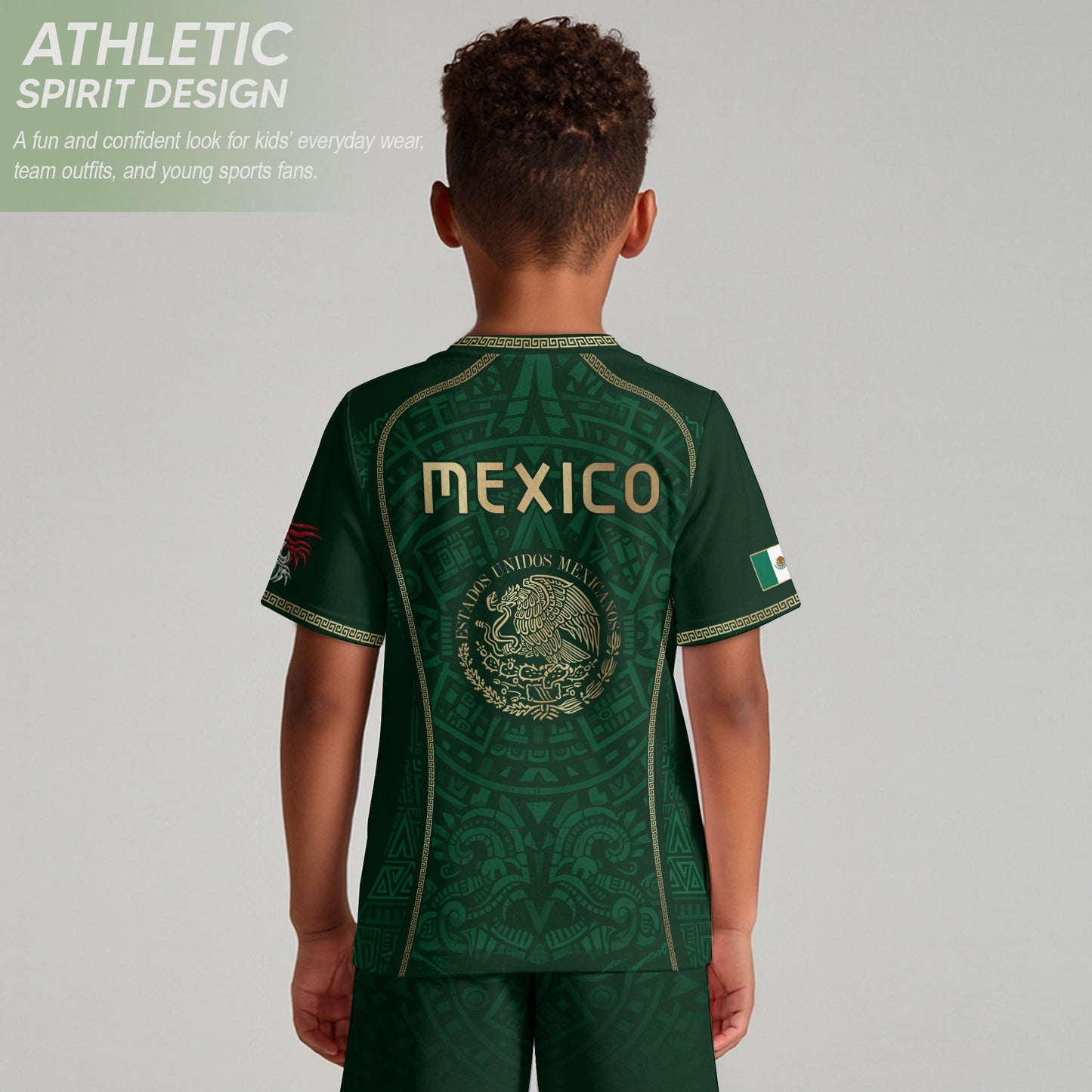 Mexico Kids Soccer Jersey Green Aztec Calendar Gold Youth Football Shirt Toddler Kit
