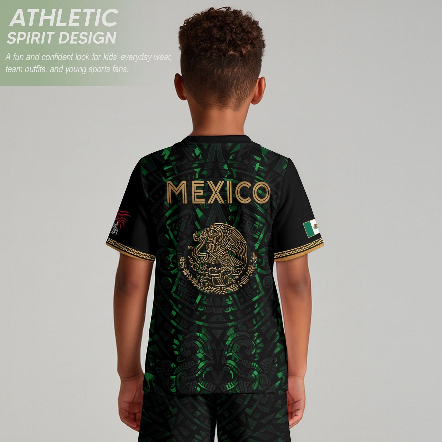 Mexico Kids Soccer Jersey Black Green Aztec Calendar Gold Youth Football Shirt