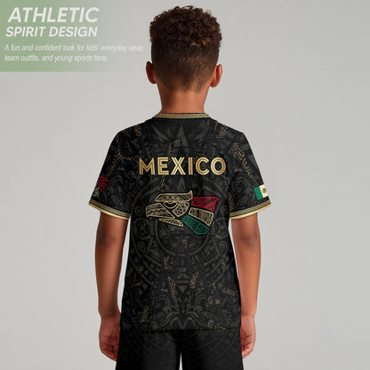 Mexico Kids Soccer Jersey Black Aztec Calendar Tricolor Gold Youth Football Shirt