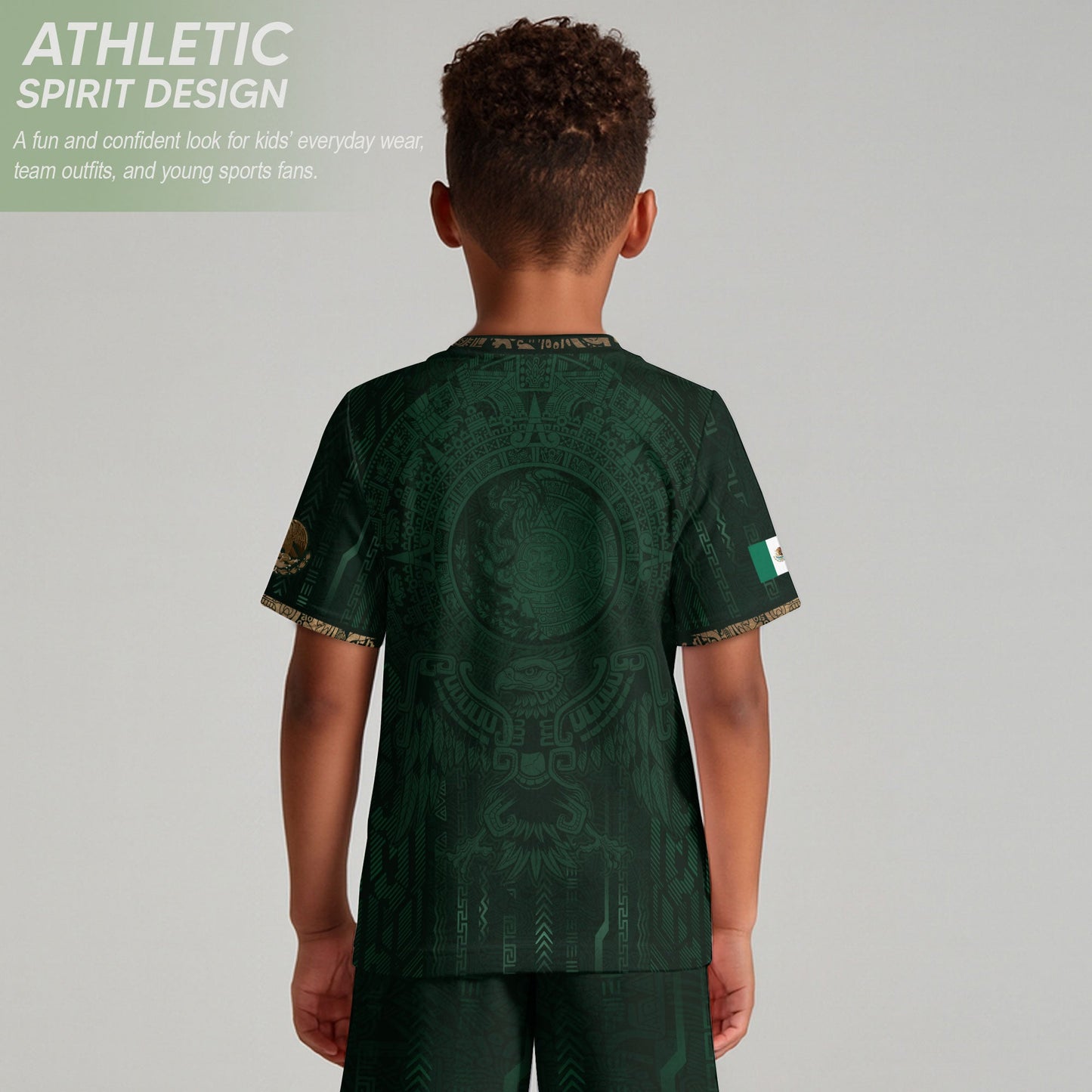 Mexico Soccer Jersey Kid Youth Aztec Calendar Green Football Shirt Tee Gift