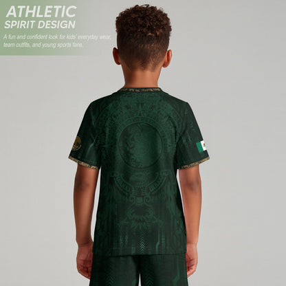 Mexico Soccer Jersey Kid Youth Aztec Calendar Green Football Shirt Tee Gift