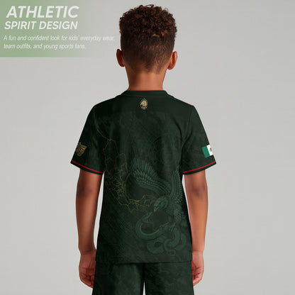 Mexico Kids Soccer Jersey Youth Green Gold Aztec Eagle Heritage Football Graphic Shirt