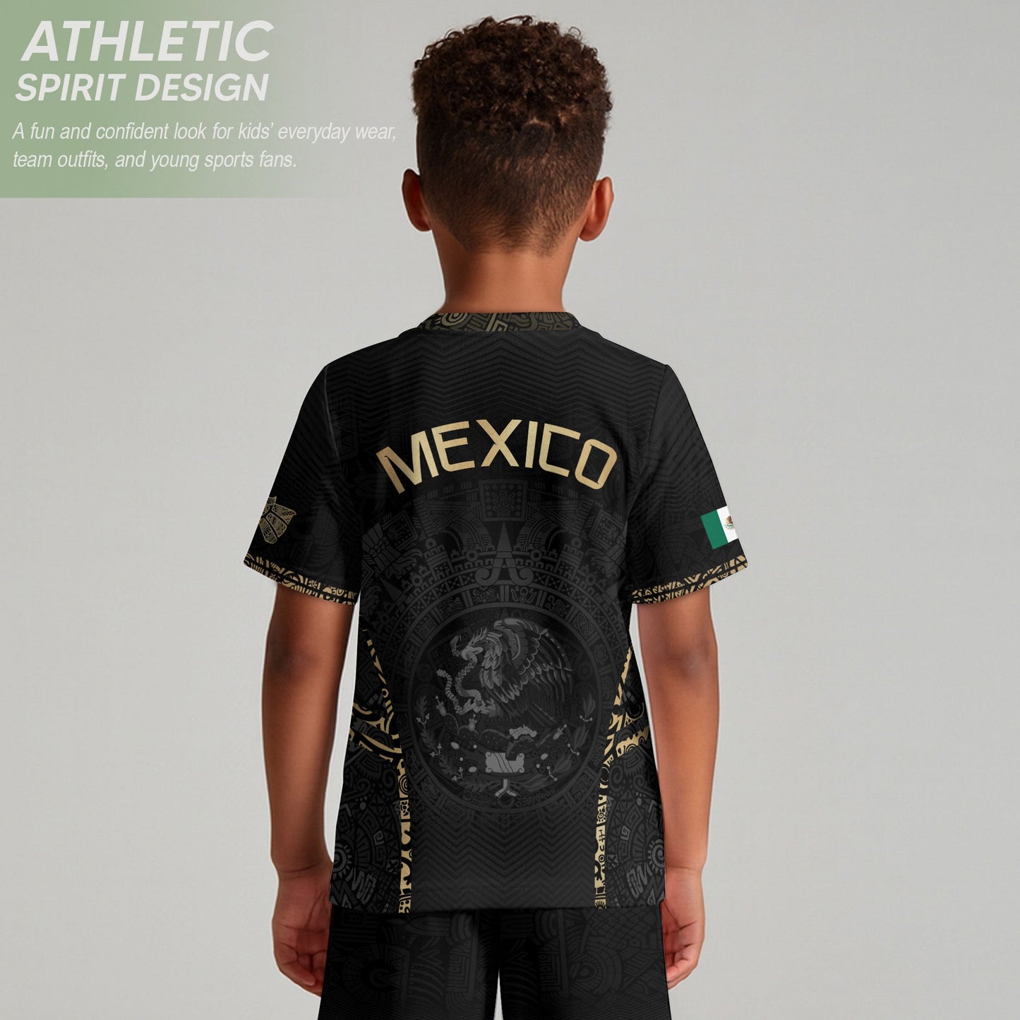 Mexico Kids Soccer Jersey Youth Black Gold Aztec Calendar Eagle Heritage Football Shirt