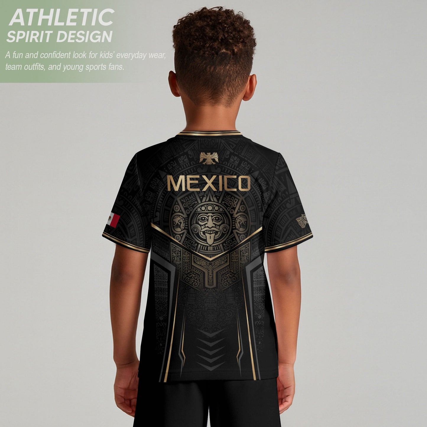 Mexico Youth Soccer Jersey Set Aztec Graphic Kids Football Uniform Black Gold Sportswear