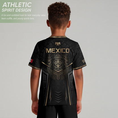 Mexico Youth Soccer Jersey Set Aztec Graphic Kids Football Uniform Black Gold Sportswear