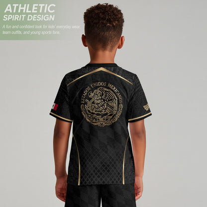 Aztec Inspired Black Gold Football Shirt for Youth, Mexico Soccer Jersey Retro Style Wear