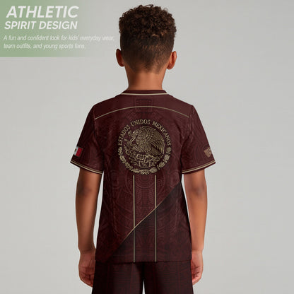 Mexico Football Fan Shirt with Maroon Gold Heritage Aztec Design, Retro Soccer Jersey Youth