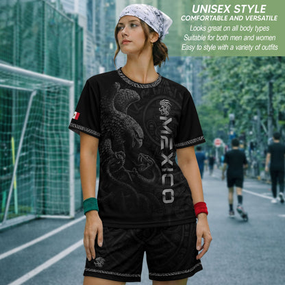 Mexico Coat of Arms Black Silver Eagle Snake Battle Aztec Calendar Heritage Soccer Jersey
