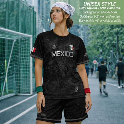 Mexico Heritage Black Silver Distressed Style Aztec Empire Pride Graphic Soccer Jersey