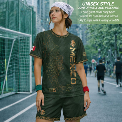 Mexico Heritage Orgullo Mexicano Green Gold Country Map Aztec Calendar Soccer Jersey