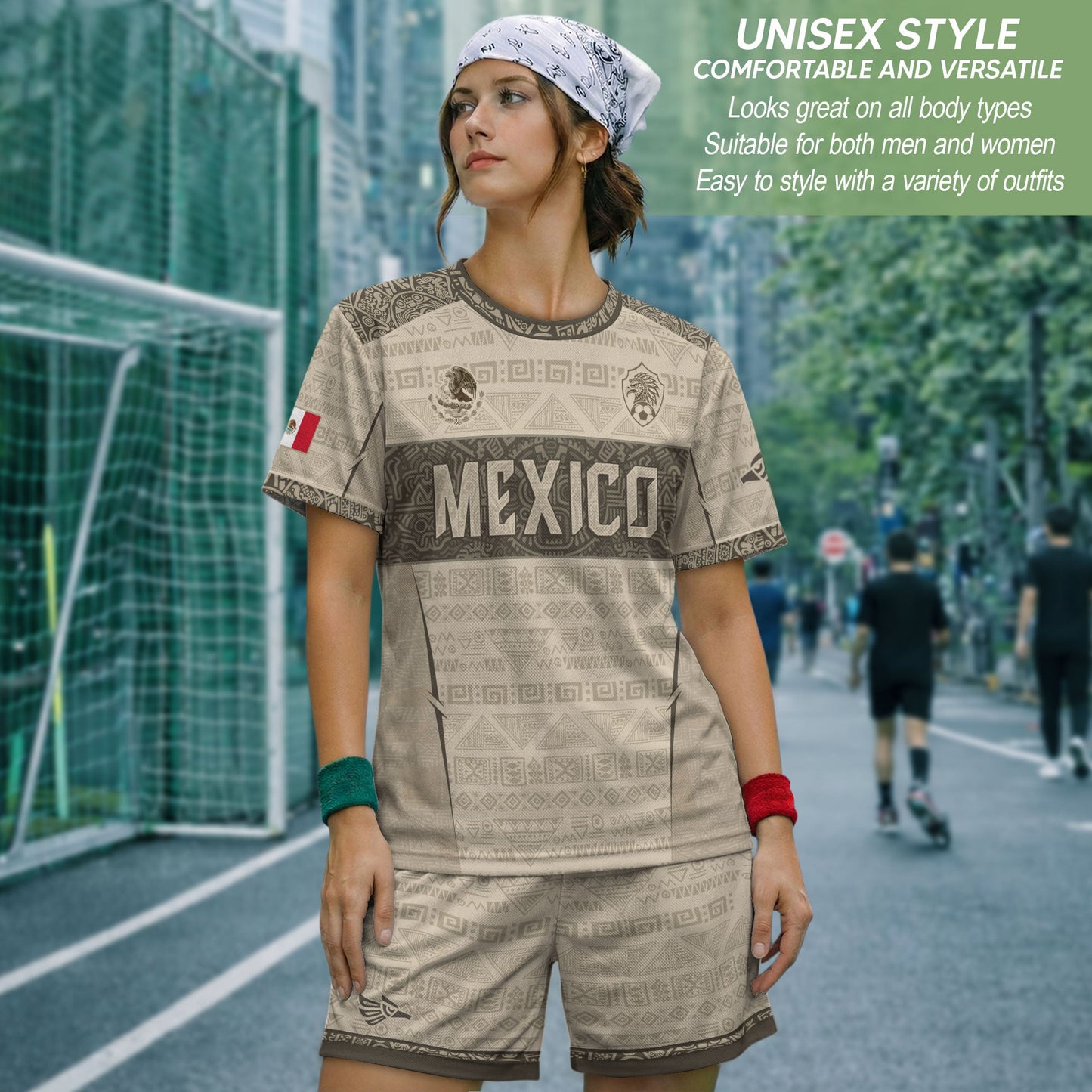Mexico Coat of Arms Beige Aztec Mayan Tribal Geometric Pattern Heritage Soccer Jersey