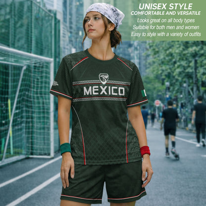 Mexico Soccer Green White Aztec Pattern Football Design - Mexico Fan Heritage Style Shirt