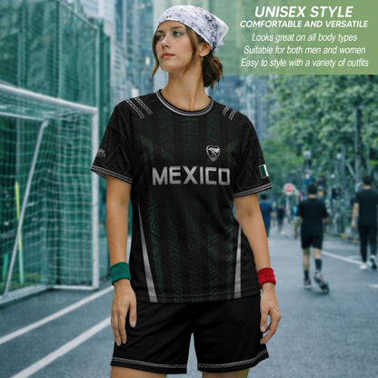Mexico Soccer Jersey Black Eagle Crest Football Fan Men Shirt Aztec Design Tee
