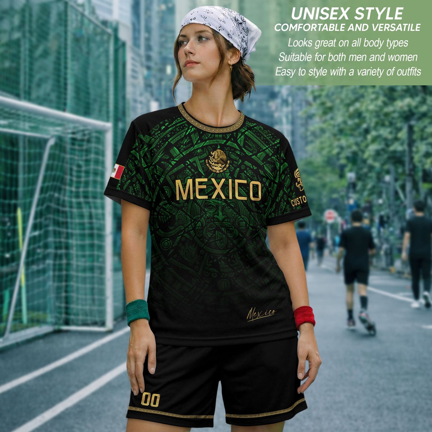 Custom Mexico Soccer Jersey – Green Aztec Calendar Pattern Black Football Shirt